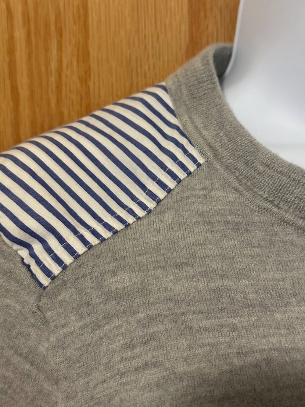 J. Crew Striped Wool/Cotton Mixed Media Crewneck Grey Sweater - Size Medium - Picture 2 of 8